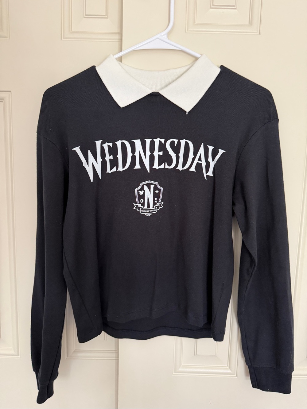 Zara Black Sweatshirt with White Collar and 'Wednesday' Graphic